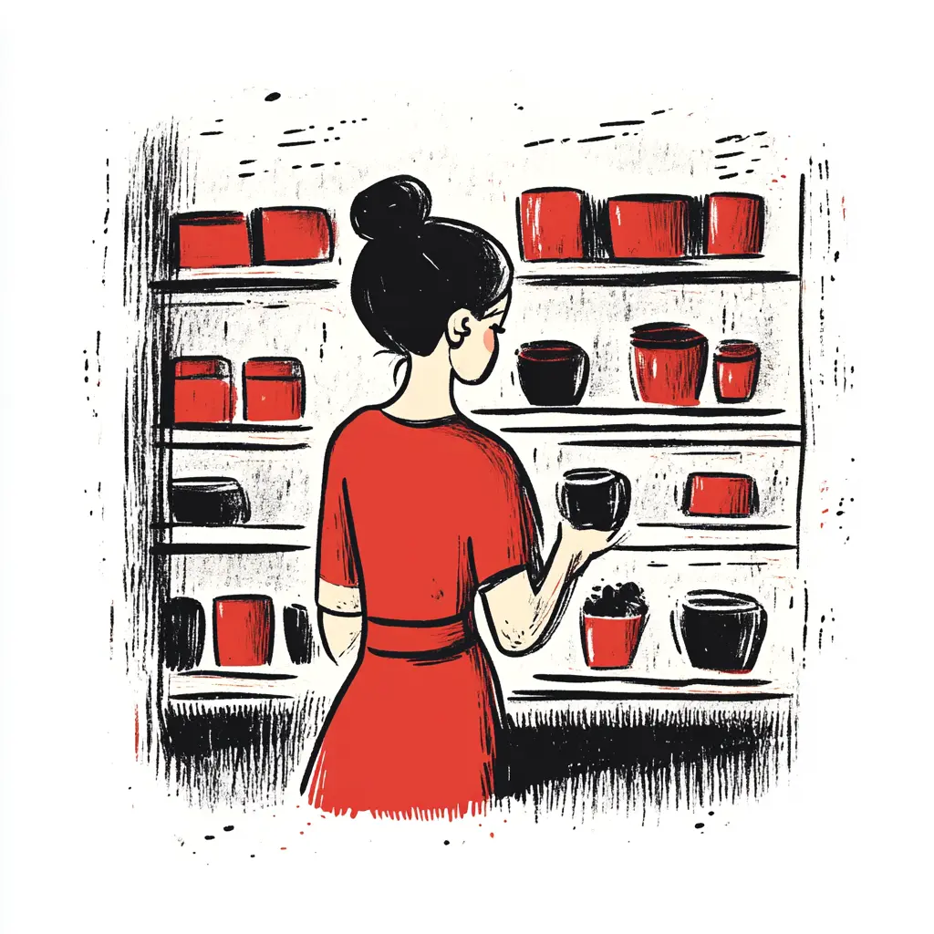 "Illustration of a woman in a red dress browsing pottery on shelves, holding a black ceramic cup in her hand